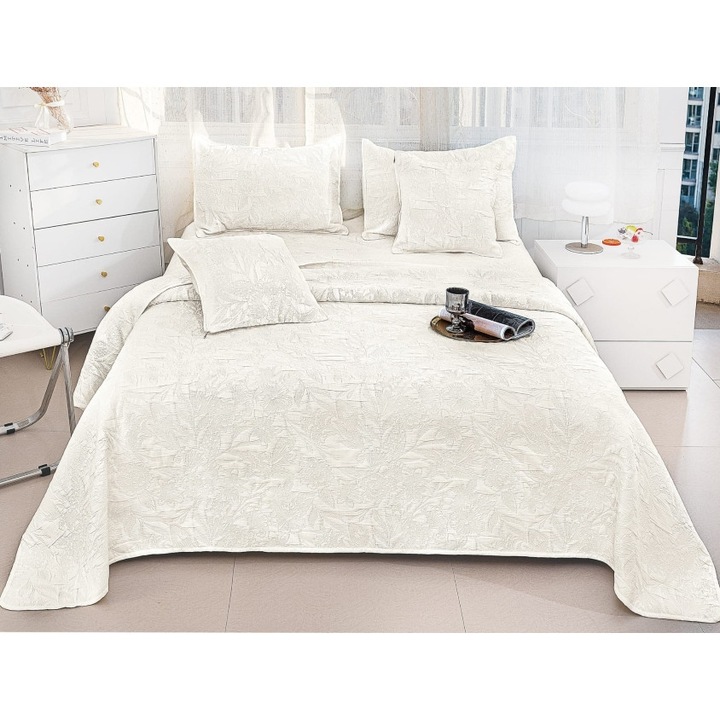 Cuvertura de pat, Bumbac si IN, 5 piese, 2 persoane, Uni, 230x250cm, Alb