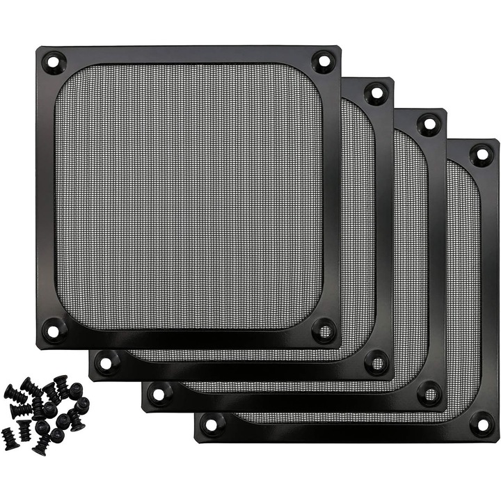 4 db PC ventilátor szűrő készlet, fekete alumínium háló, 105x105mm, csavarokkal