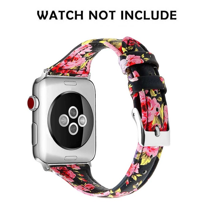 Curea piele naturala subtire, roz floral, 38-40mm, pentru iWatch Seria 5/4/3/2/1