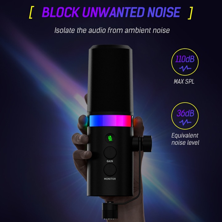 Garsonal kondenzátormikrofon, kardioid hangszedővel, kettős XLR/USB csatlakozóval, fekete, némító gombbal, RGB LED effektekkel