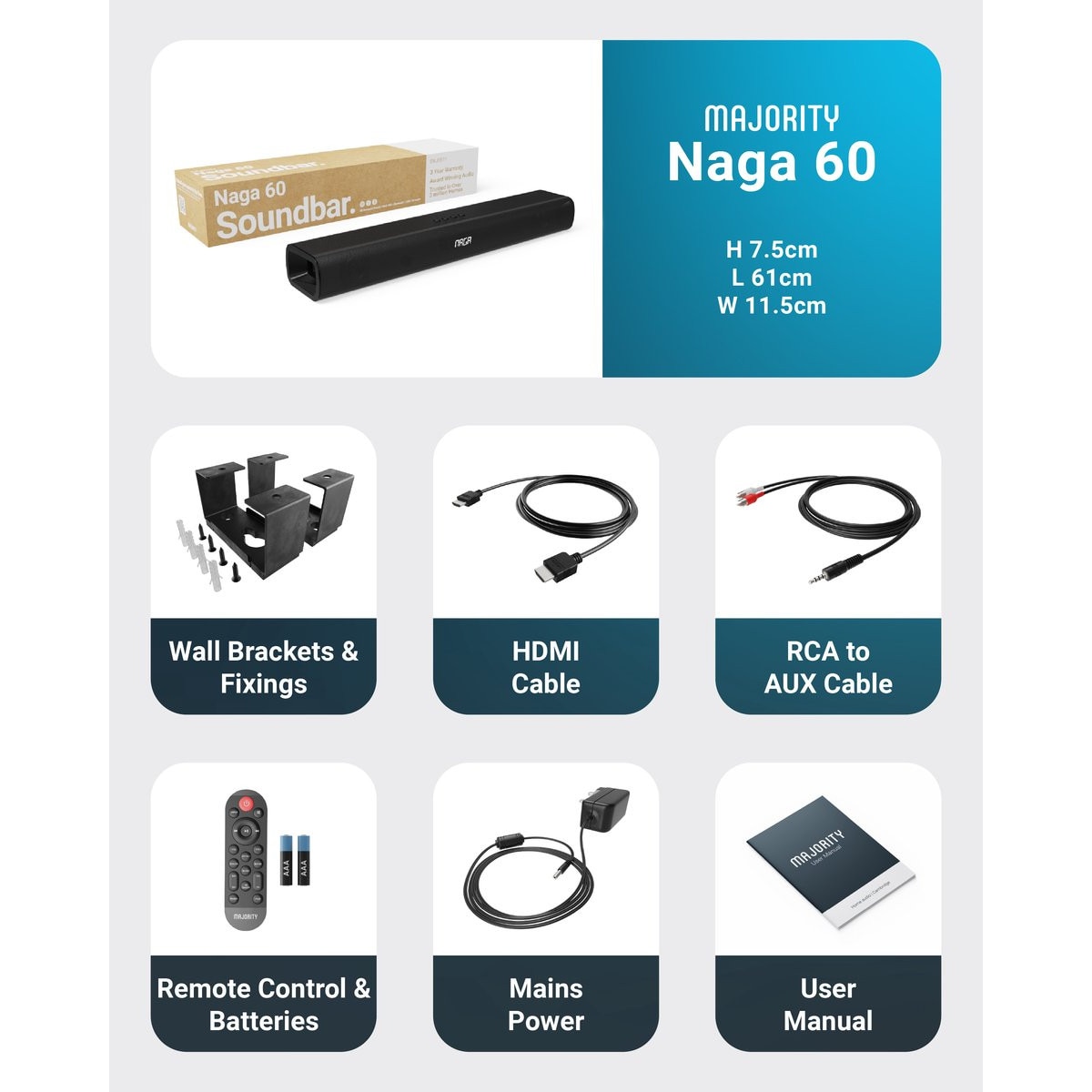 Soundbar Majority, Naga 60, 2.1, Bluetooth, PC, Wireless, AUX, 120 W, negru