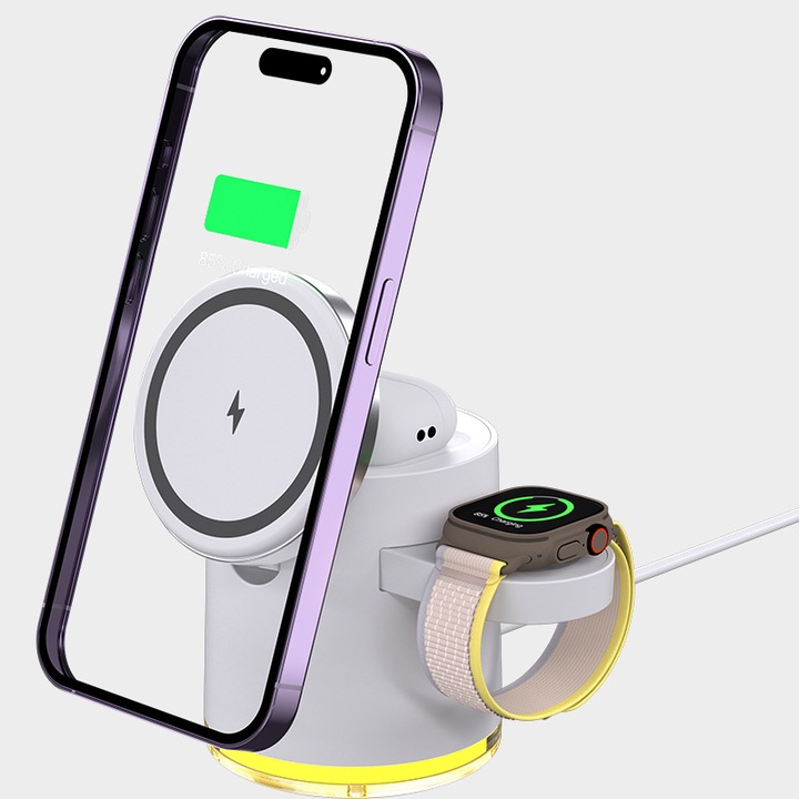 3 az 1-ben vezeték nélküli töltő MagSafe-fel, Qi2 15W, állítható mágneses tartó iPhone-hoz, Apple Watch-hoz, AirPods-hoz – gyors töltés, összecsukható, univerzálisan kompatibilis