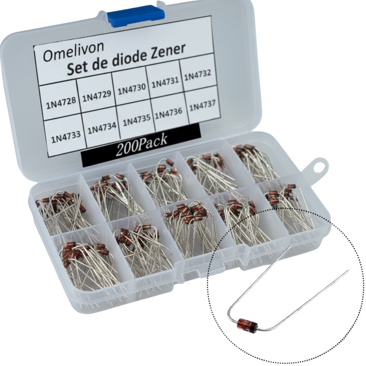 Set 200 diode 3.3V–7.5V, 10 valori 1N4728–1N4737, pentru electronice, proiecte DIY, reparatii circuite