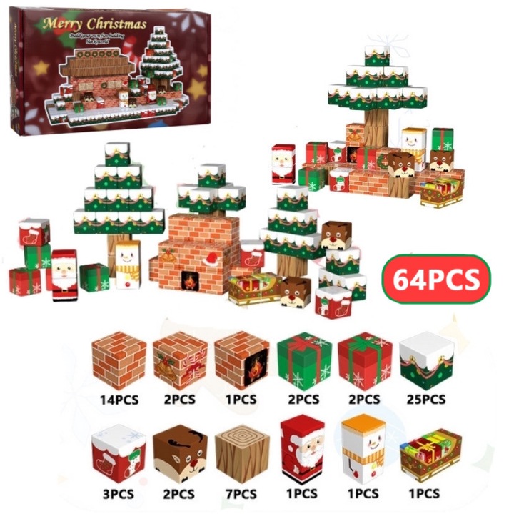 Set 64 Piese Blocuri Magnetice de Craciun – Constructii 3D Educative cu Tematica de Sarbatori, Brad, Mos Craciun, Casute Cadouri, Copii 3+ Ani
