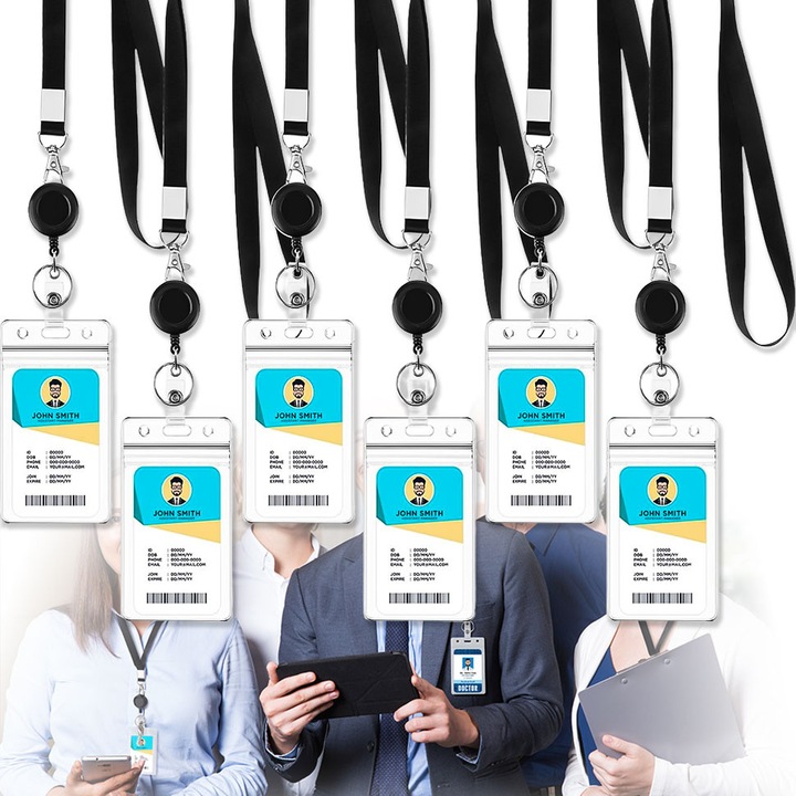 Комплект от 6 държача за лични карти, Лесни за закрепване и сваляне, С прибираща се макара за шнур, Издръжлив, За офиси, училища, държавни служители, учители, медицински сестри, водоустойчив, работници, Excitat, Прозрачен