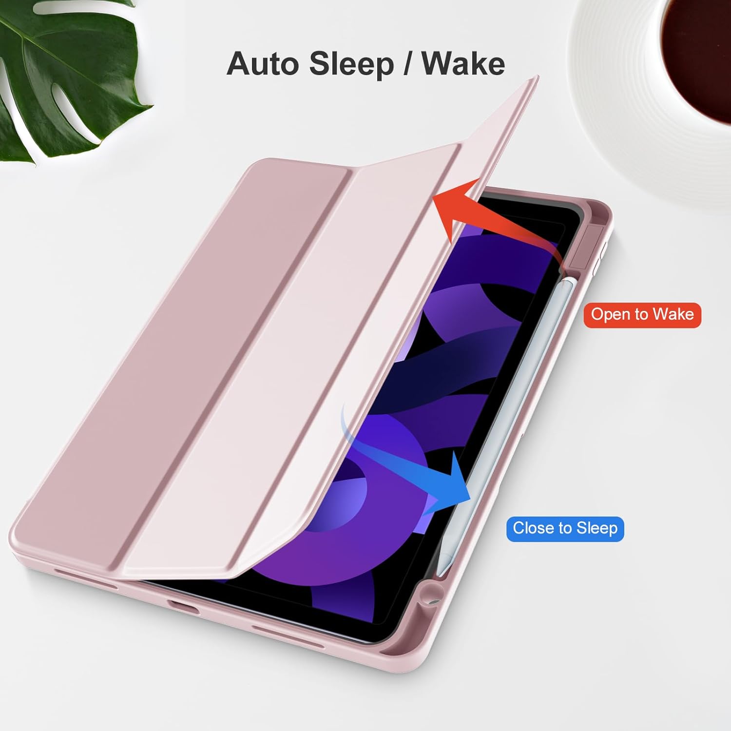 Husa de protectie pentru tableta, potrivita pentru iPad Air 11" 7/6generatii(M3/M2 )2025/2024, iPad Air 5/4 generatii 2022/2020 10.9 ", functie automata trezire/sleep, cu tava pentru stilouri, Roz