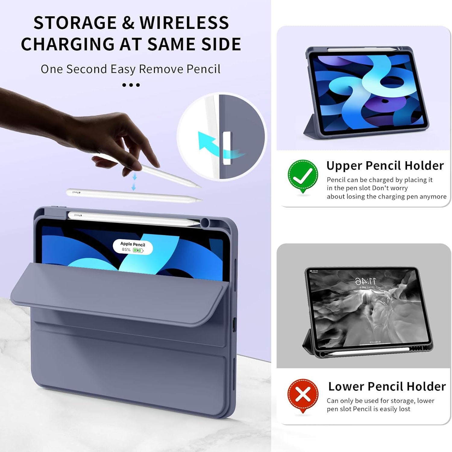 Husa de protectie pentru tableta, potrivita pentru iPad Air 11-inch M2 2024, functie automata trezire/sleep, cu tava pentru stilouri, Violet