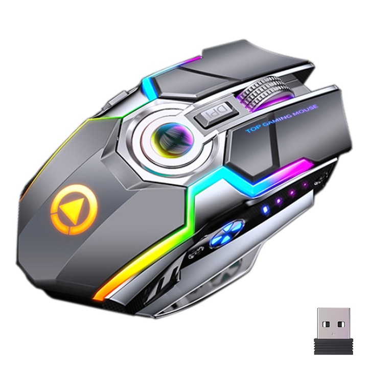 Mouse de gaming wireless, mouse wireless USB reincarcabil pentru desktop/laptop/PC, lumina RGB schimbatoare, (frasin)