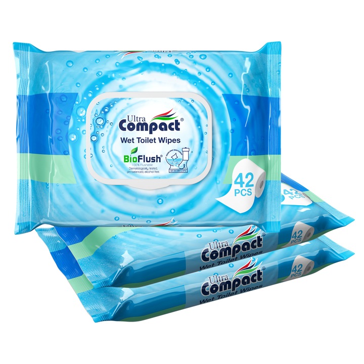 Мокра тоалетна хартия BioFlush, 3 пакета x 42, 126 броя, Ултра компактна
