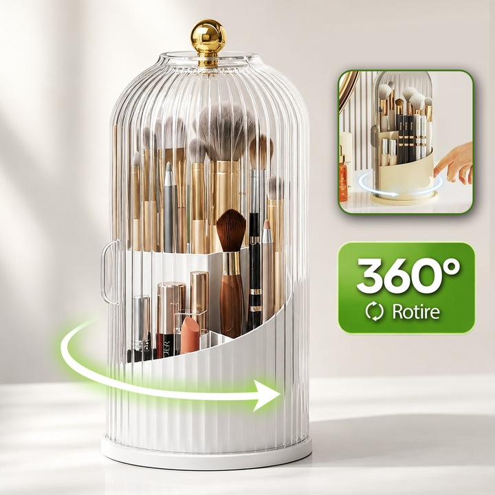 Organizator pentru cosmetice BYONDSELF® – rotatie 360° cu compartimente, capac transparent, Rezistenta la praf, Alb