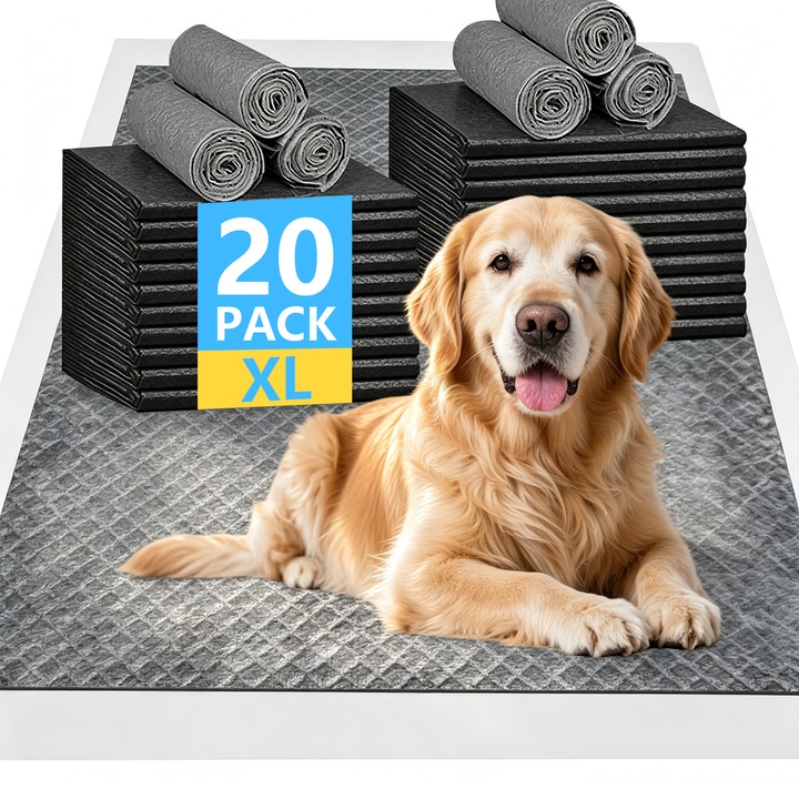 Set 20 covorase igienice absorbante, BYONDSELF®, 60 x 90 cm, carbune de bambus, margini sigilate si strat inferior impermeabil, potrivit pentru pisici/caini, Negru