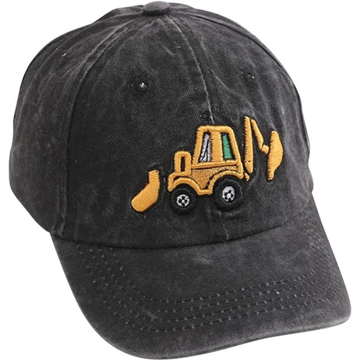 Sapca de baseball pentru copii cu brodare dragut excavator, sapca de denim retro spalat din bumbac reglabil potrivita pentru baieti si fete cu varsta cuprinsa intre 2 si 8 ani, Bumbac 50-54 cm