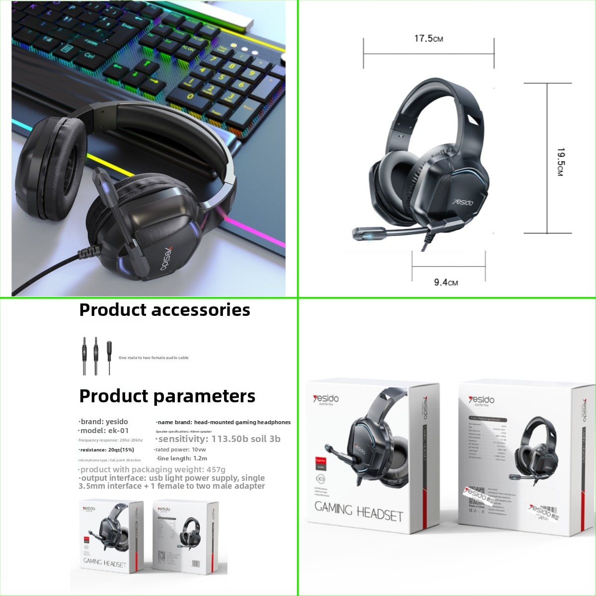 Yesido Casti de joc, cu fir, cu microfon, potrivite pentru PC/laptop, sunet surround, microfon de anulare a zgomotului, utilizate pentru videoconferinte, muzica, jocuri etc. Negru, 1 ambalaj