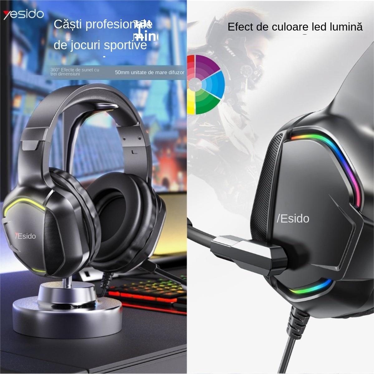 Yesido Casti de joc, cu fir, cu microfon, potrivite pentru PC/laptop, sunet surround, microfon de anulare a zgomotului, utilizate pentru videoconferinte, muzica, jocuri etc. Negru, 1 ambalaj