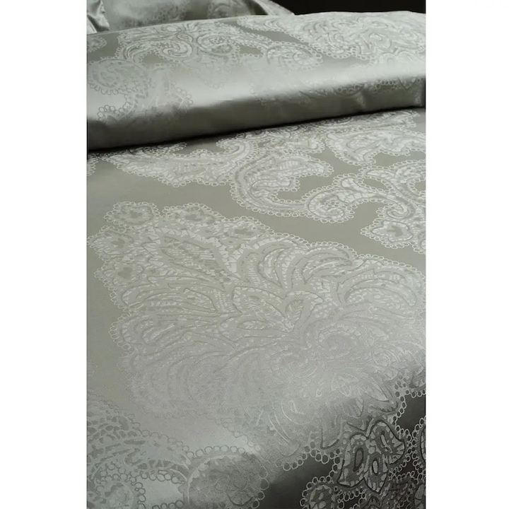 Set lenjerie de pat matrimonial premium Valeron, Clementine, 7 piese, 200x220 cm, material 100% bumbac Pima, densitate 675 TC, tesatura Jacquard, sage