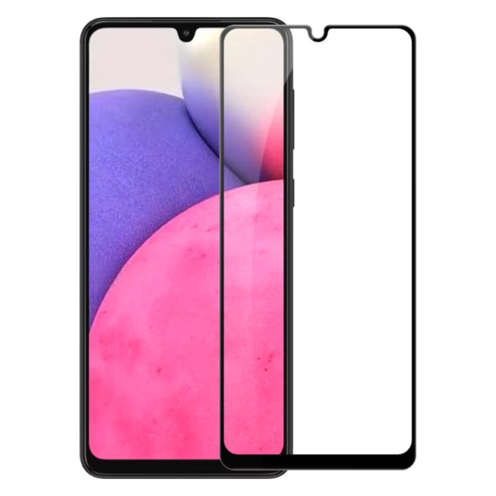 MatTech üvegfólia, Samsung Galaxy A22 4G / A31 / A32 4G / A33 5G / M32 4G készülékekkel kompatibilis, teljes felületű ragasztás, 9H védelmi technológia, prémium Full HD tisztaság, teljes ragasztó, fekete szélek
