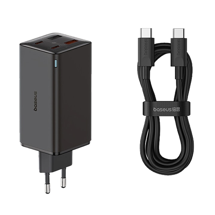 Baseus hálózati töltő, hálózati adapter és USB Type-C kábel, 2 x USB és 2 x USB-C, GaN6 Pro, 100W, 1 m kábelhossz, fekete