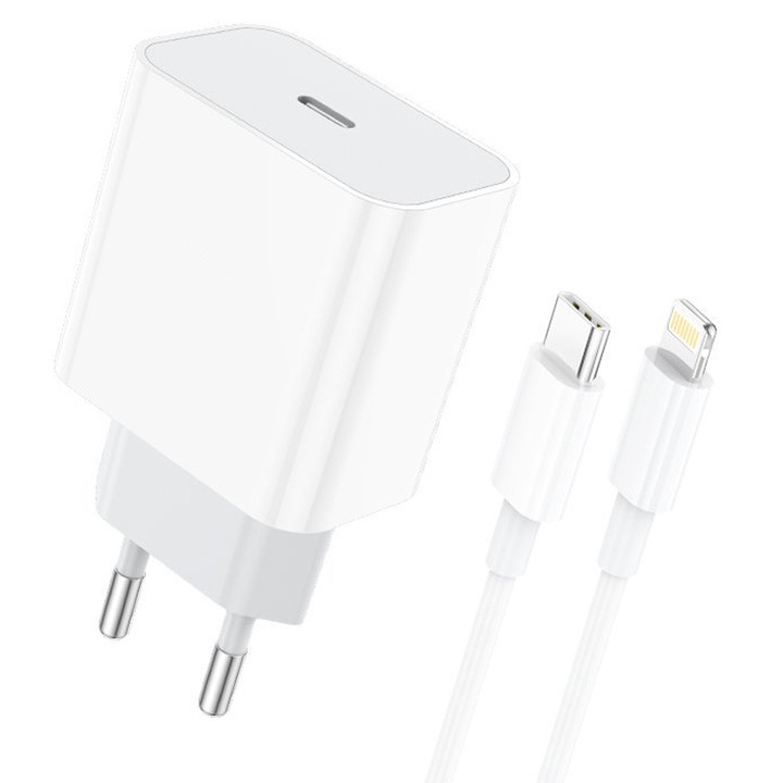 20 W-os DaDen CDQ094CL hálózati töltő Lightning kábellel, Gyorstöltés, Szupergyorstöltés, 20 W-os teljesítményleadás, Fehér