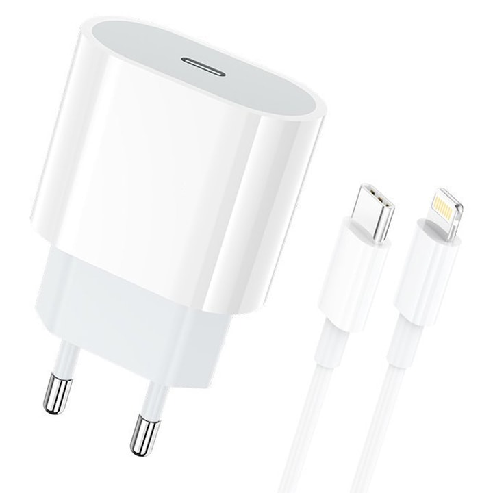 20 W-os DaDen CDQ090CL hálózati töltő, Lightning kábel mellékelve, Gyors töltés, Szupergyors töltés, 20 W-os teljesítményleadás, Fehér