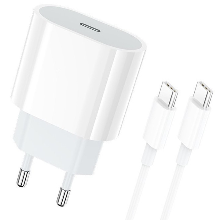 20 W-os DaDen CDQ090CC hálózati töltő, USB-C kábel mellékelve, Gyors töltés, Szupergyors töltés, 20 W-os teljesítményleadás, Fehér