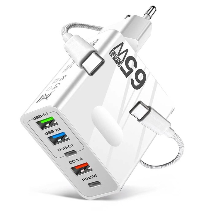 65 W-os gyorstöltő fali töltőkészlet 5 porttal, 3 x USB 3.0, 2 x USB Type-C, telefonokkal és táblagépekkel kompatibilis + USB Type-C - USB Type-C töltőkábel, 1 m, fehér