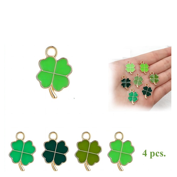 Set 4 buc. pandantiv trifoi cu 4 foi, 4 nuante de verde, talisman norocos, pentru bratari, lanturi, cercei, bijuterii DIY, aliaj de zinc, tip Pandorra, 1, 7 x 1 cm