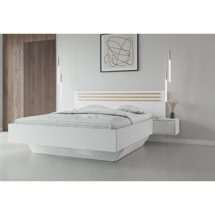 Pat cu 2 noptiere incluse, alb, stejar, dar fara gratar si saltea incluse, din PAL, MDF, cu spatiu de depozitare, design ultramodern, 245, 2x204x95, 2 cm