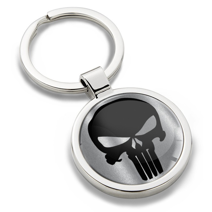 Fém kulcstartó díszdobozban, Biomar Labs, Koponya, Punisher, unisex, 3D, Ezüst/Fekete, KK 269 X