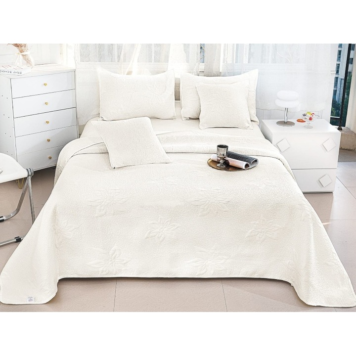 Ágytakaró, Pamut és IN, 5 darabos, 2 személyes, Virágmintás 3D, 230x250cm, Fehér