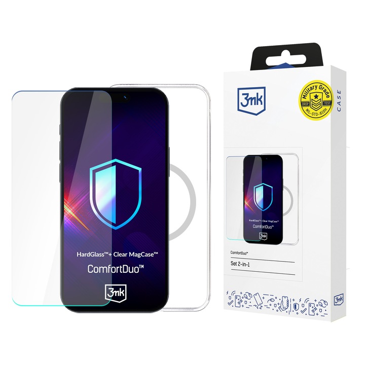 Set de protectie 3MK ComfortDuo HardGlass si Clear MagCase, transparent, pentru Apple iPhone 12/12 Pro