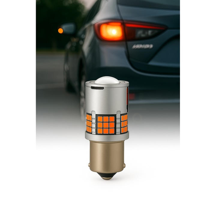 LED autóizzó, PY21W / BAU15S / 1156 nagyítóval és 60 prémium LED-del, narancssárga színben, 3000K színhőmérséklettel jelzőfényhez vagy DRL-hez, nappali menetfényhez, CANBUS-szal, nincs kiégett izzó hiba, 12V, teljesítmény 30W