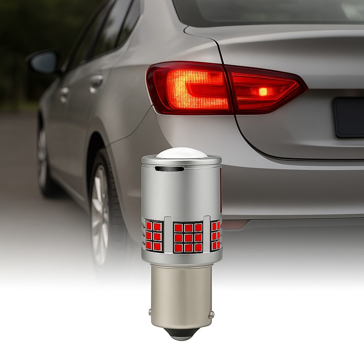 AutoREY® P21W / BA15S / 1156 LED-es autóizzó, nagyítóval és 60 prémium LED-del, intenzív piros fény, hibamentes CANBUS, hátsó helyzetjelzőhöz, féklámpához vagy nappali menetjelzőhöz, 12V, teljesítmény 30W, erős világítás és stabilitás, intenzív piros szín