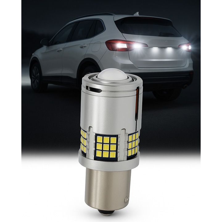AutoREY® PY21W / BAU15S / 1156 LED autóizzó, nagyítóval és 60 nagy intenzitású SMD LED-del, hideg fehér fény 6000K, beépített CANBUS hibamentes, ideális tolatáshoz, nappali menetfényhez és jelzőfényhez, 12 V teljesítmény, 30 W teljesítmény