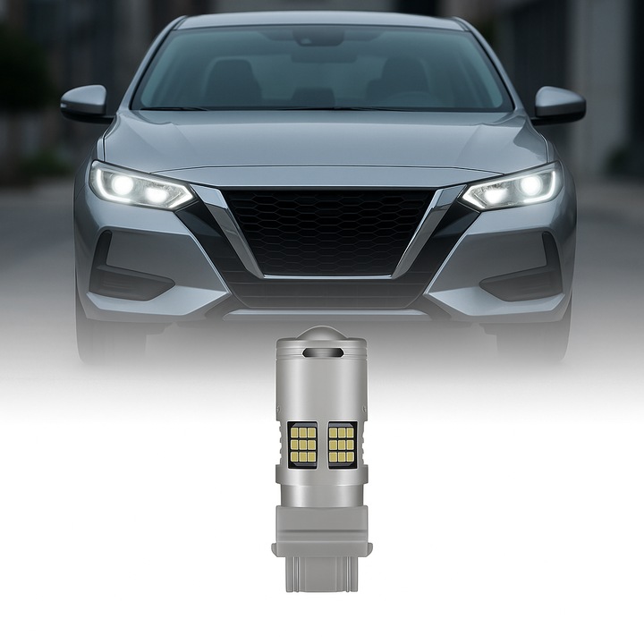 Автокрушка AutoREY T20 7443 LED, с лупа и 60 SMD светодиода с висока яркост, 2 фази, 6000K студено бяла светлина, без грешки CANBUS, съвместима с габаритни, дневни светлини и светлини за движение, 12V, 30W мощност