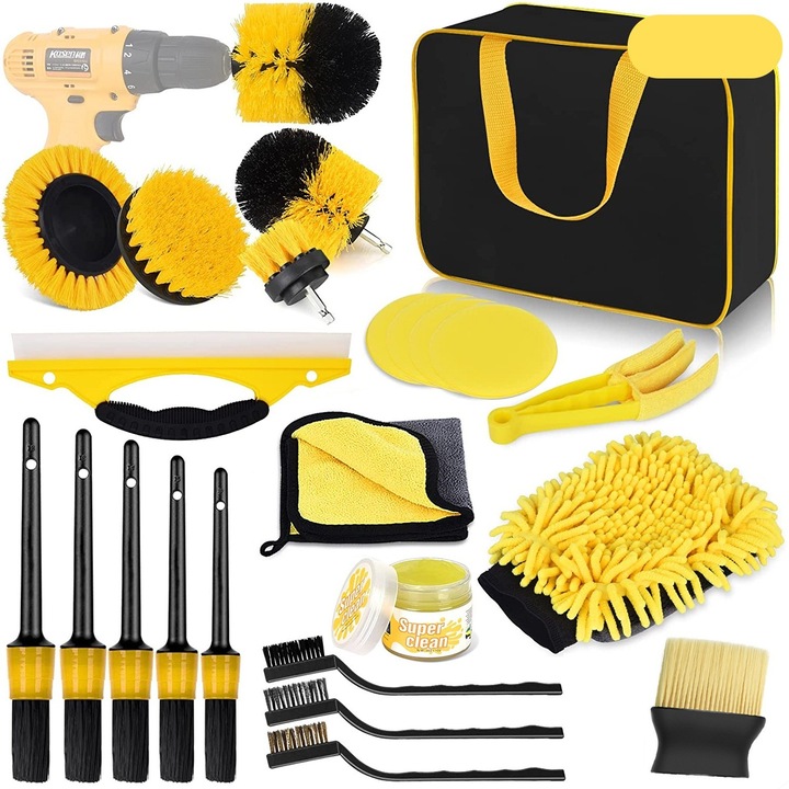 Set 23 Accesorii pentru Curatare Auto, din PP si Microfibra, Interior/Exterior, 30 x 24 x 12 cm, Galben/Negru