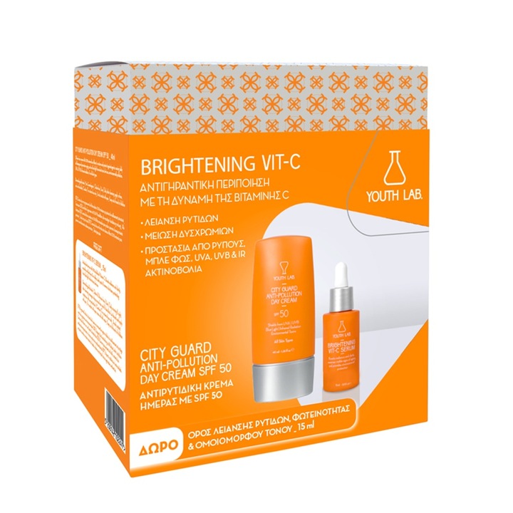Set de primavara Youth Lab, crema de zi anti-poluare cu vitamina C si iluminare pentru ten City Guard SPF50, crema de zi antirid cu protectie solara 40 ml si ser antirid 15 ml
