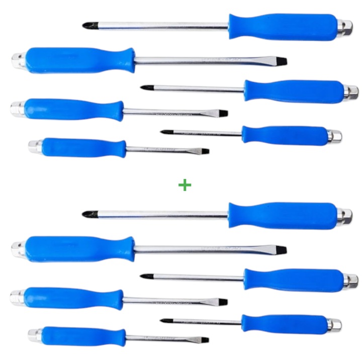 Mágneses fejű ütvecsavarhúzók, 6 db széles hegyű, 6 db kereszt hegyű króm-vanádium négyzet alakú profilból, hatszögletű felsőrésszel, dugókulcsokhoz