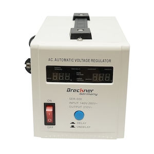 Stabilizator automat de tensiune monofazic cu releu 500VA/140-260V, 2 prize schuko 230V, afisaj LCD Breckner Germany