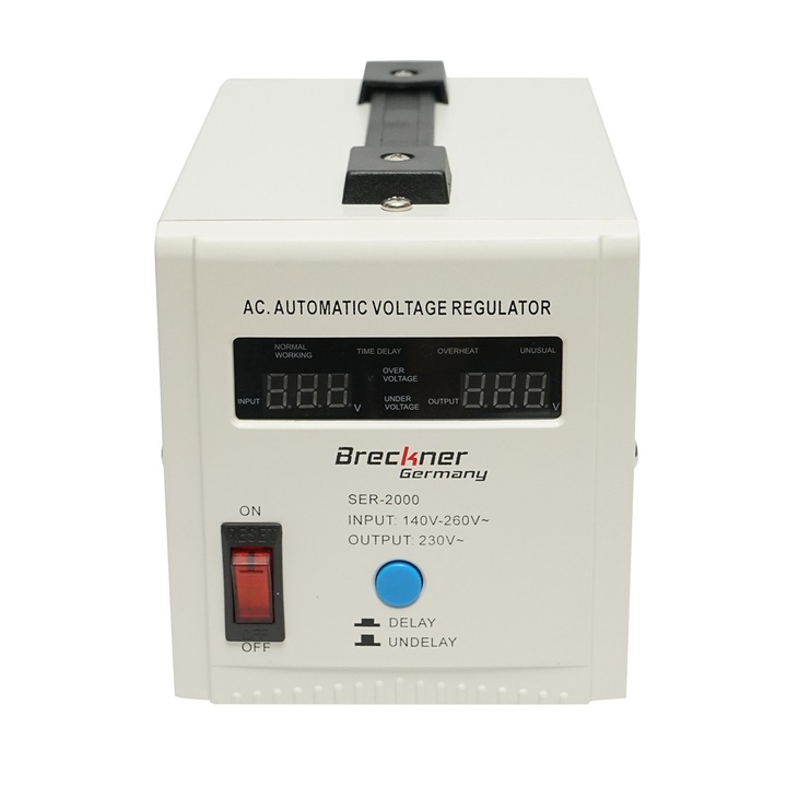 Breckner Germany 2000VA/140-260V egyfázisú relés automata feszültségstabilizátor, 2 schuko aljzat 230V, LCD kijelző