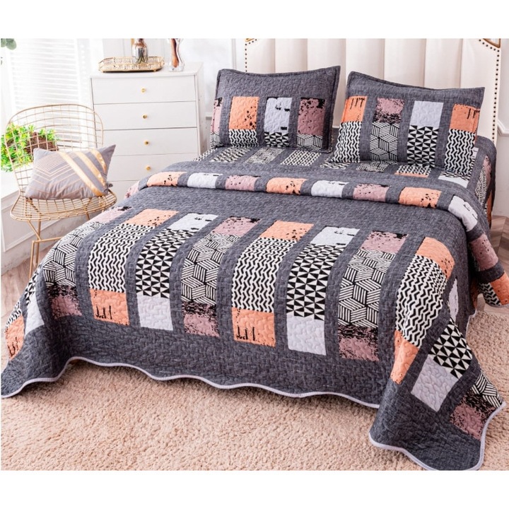 Cuvertura de pat, Bumbac si IN, Imprimeu Abstract, 5 piese, 2 persoane, 230x250cm, Multicolor