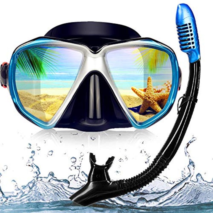 Set Snorkel Pentru Adulti, Echipament De Snorkeling, Masca Panoramica Anti-Aburire Si Masca De Snorkel Uscata Anti-Scurgere Pentru Apnee, Snorkeling, Inot (Set Albastru)