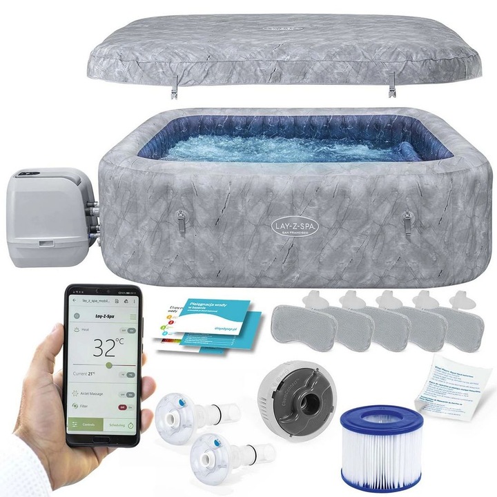 Piscina gonflabila, jacuzzi, Bestway Lay-Z San Francisco Pro, pompa de filtrare incorporata, filtru pompa tip VI, 2 LED-uri, prelata, apa incalzita la 40°, 1180 litri, 7 persoane, 5 perne, 230 x 71 cm, gri
