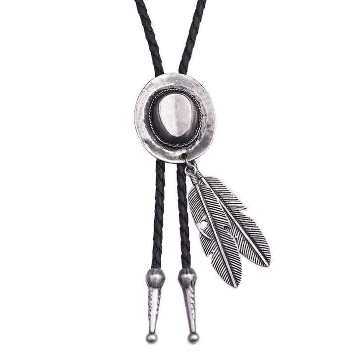 Cravata americana Bolo Tie pentru barbati CLASStitude, cu snur din piele ecologica si pandantiv retro vintage cu model medalion tip onix, aliaj metalic antichizat, accesoriu stil western cowboy pentru tinute de nunta, lungime 110 cm, Argintiu