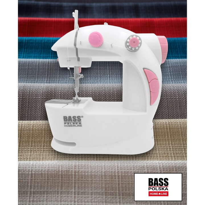 Mini masina de cusut, Bass, model BH 12906, prietenoasa pentru copii, 4 spulki metalice, 110V-240V, portabila