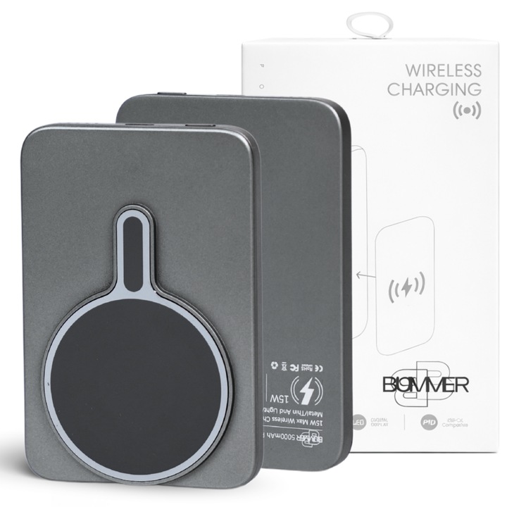 Baterie Externa Wireless BUMMER™, 5000mAh, Baterie Externa Portabila Slim, 1 Inel Suport Wireless, Acumulator Extern, Incarcare Magnetica 15W, prin Cablu 20W, Compatibil iPhone 13-16 ProMax, Power Bank Fast Charge, Type-C, Silver Titanium, Aluminiu/ABS