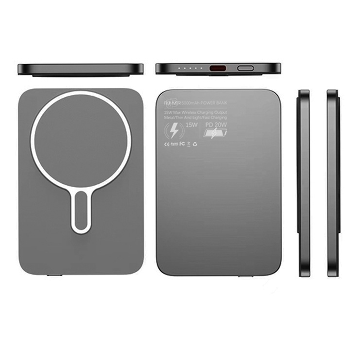 Baterie externa Premium BUMMER™ slim din Aluminiu, compatibila cu Magsafe, capacitate 5000 mah, 1 x USB Type-C, Fast Charge 22.5W, incarcare magnetica 15W, prin cablu type-C 20W, compatibila cu iPhone, Titanium Silver