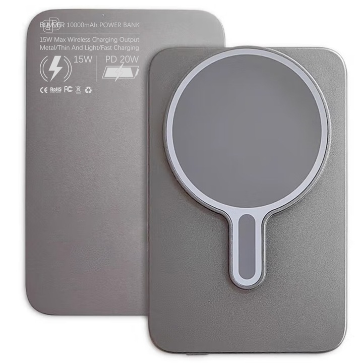 BUMMER тънка алуминиева външна батерия, капацитет 10000 mah, 1 x USB Type-C, бързо зареждане 20W, магнитно зареждане 15W, чрез 20W Type-C кабел, съвместима с iPhone, сребристо-титаниева