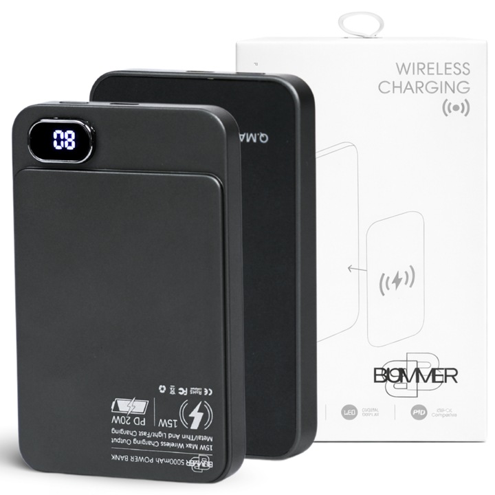 Baterie Externa Wireless BUMMER™, Baterie Slim Portabila, 5000mAh, Acumulator Extern, 1 Inel Suport Wireless, Incarcare Rapida, Ecran Digital, Incarcare Magnetica 15W, Cablu 20W, Universal, Power Bank Fast Charge, Type-C, Gri Titan, Aluminiu/ABS