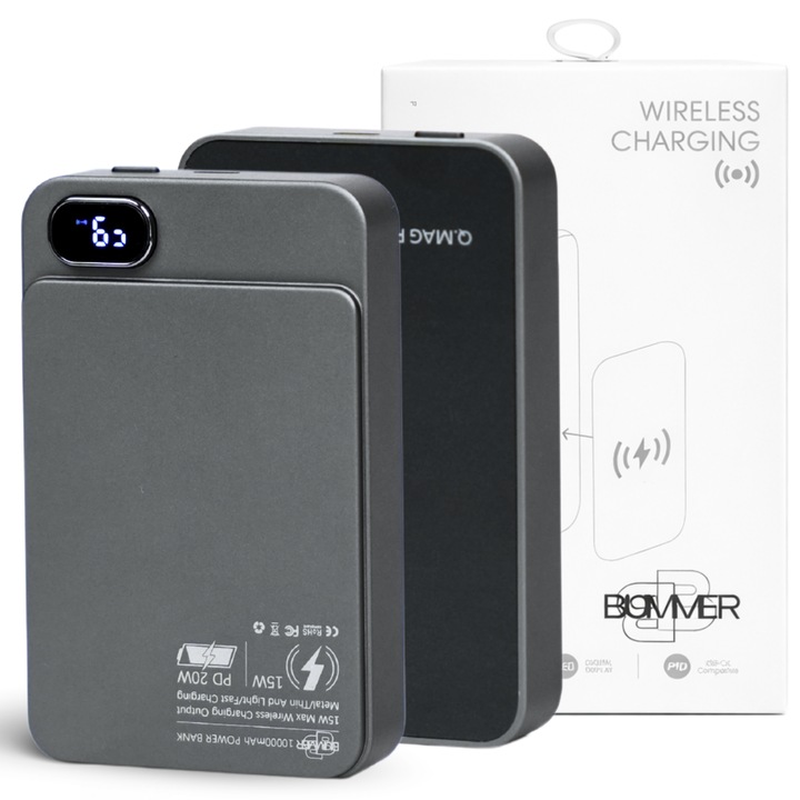 Baterie Externa Wireless BUMMER™, Acumulator Extern, 10.000mAh, Baterie Slim Portabila, 1 Inel Suport Wireless, Incarcare Rapida, Ecran Digital, Incarcare Magnetica 15W, Cablu 20W, Universal, Power Bank FastCharge, Type-C, Gri Titan, Aluminiu
