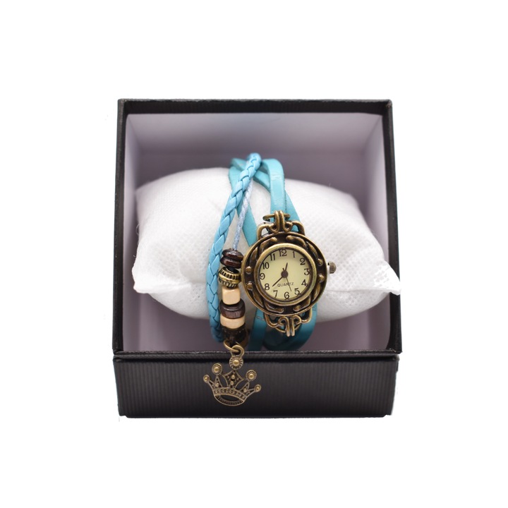 Ceas dama vintage cu bratara din piele ecologica, Bleu